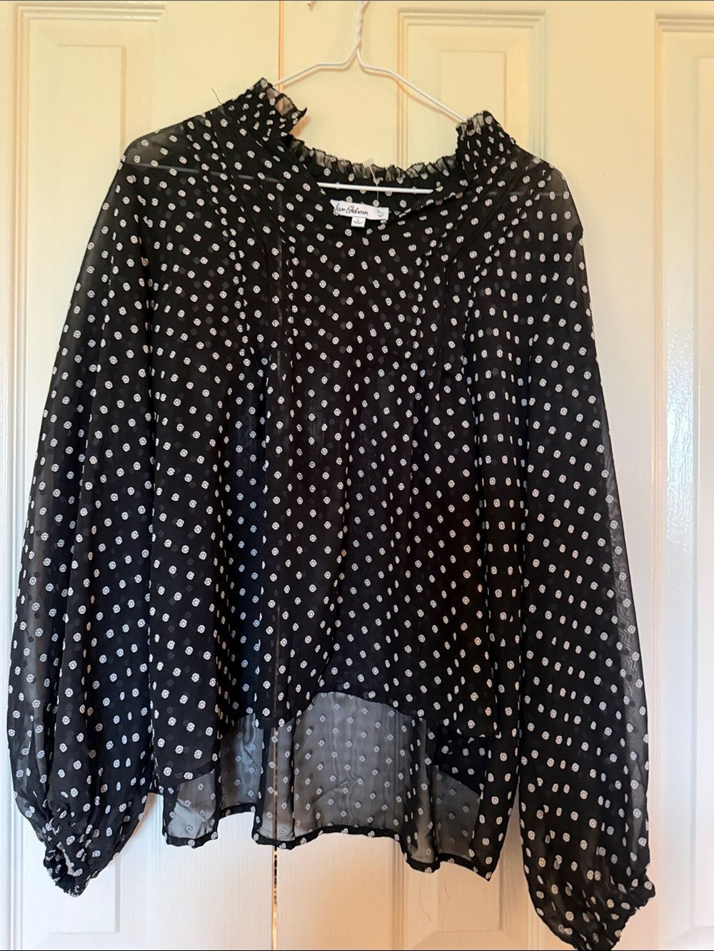 Sam Edelman Black and White Polka Dot Ruffle Neck Blouse